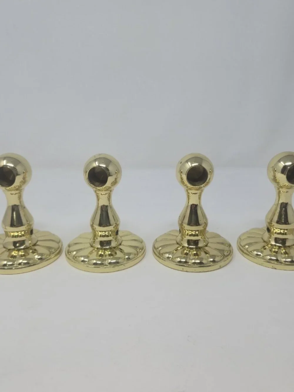 ​Set of 4 Vintage Polished Brass Curtain Rod Brackets Ball Top Scalloped Base